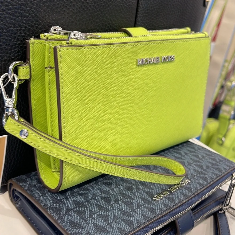 MICHAEL KORS LG DOUBLE ZIP WRISTLET Wallet Phone Case Holder Lime NWT
